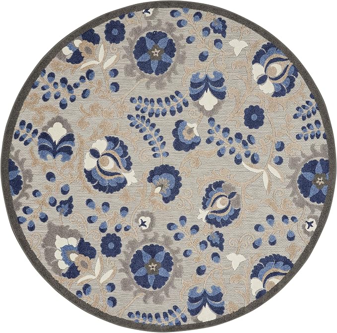 Nourison Home Aloha Natural Blue 4' x Round Area Rug - Easy Clean, Non Shedding, Bed Room, Living Room, Dining Room, Kitchen (4' x Round)