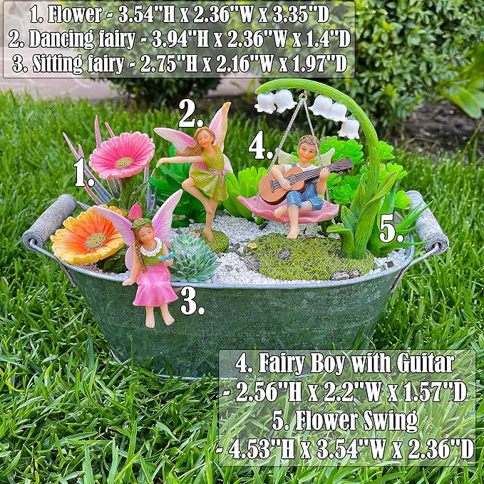 Mood Lab Fairy Garden Figurines - Dancing Swing Set (5 pcs) - Miniature Decorative Statues & Accessories - Outdoor & Indoor Garden Decor