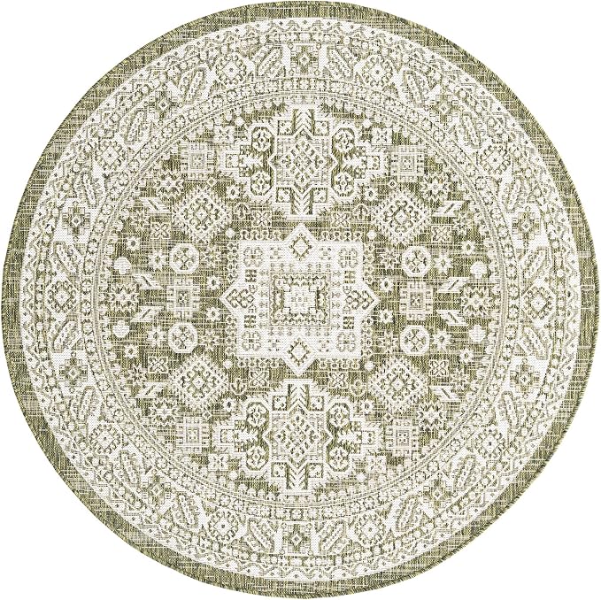 Unique Loom Outdoor Aztec Collection Area Rug - Chalca (5' 3" Round, Green/ Ivory)