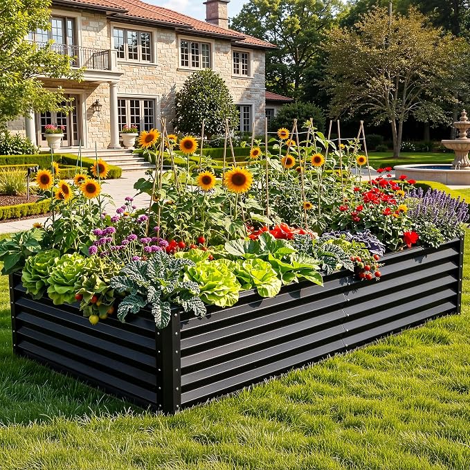 YITAHOME 2pcs 8x4x1.5ft Large Raised Garden Bed Kit, Galvanized Metal Planter Box with Gloves, Ground Nails & Safety Rubber, Outdoor Above Ground Planters for Plants Vegetables Flowers, Black