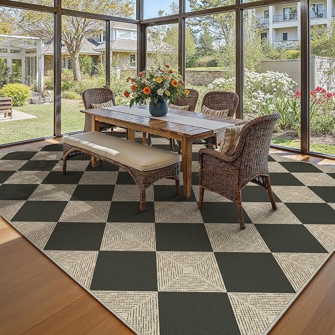 PureCozy 8x10 Checkered Chevron Pattern Area Rug for Living Room Checkerboard Washable Indoor Outdoor Carpet Farmhouse Patio Office Mat Textured Diamond Non Slip Black Carpet for Backyard Dining Room