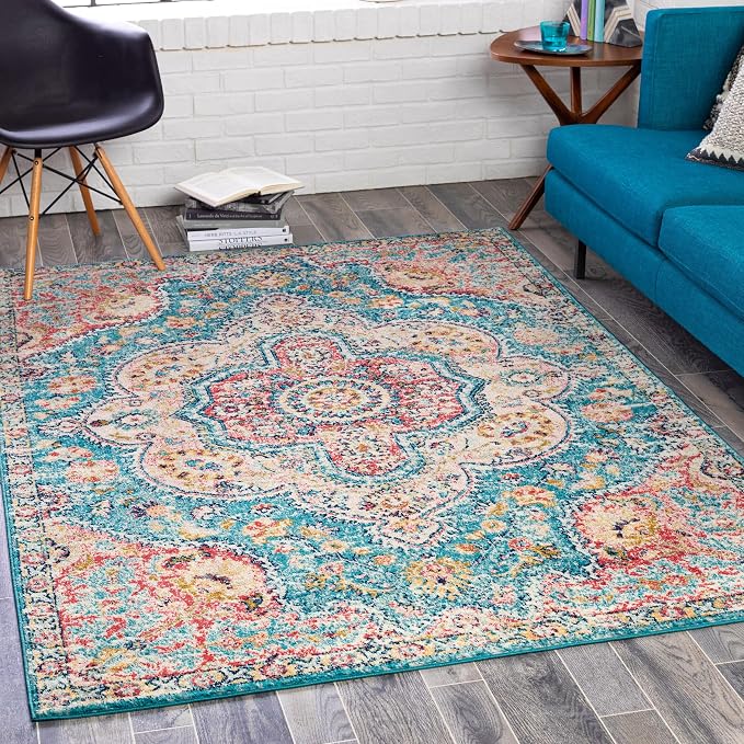 Livabliss Area Rugs - 2x3 Romaine Vintage Boho Navy Sky Blue Rose Area Rug for Living Room Bedroom - Floral Medallion Stain Resistant Carpet for Kitchen, Nursery, Office (2' x 3')