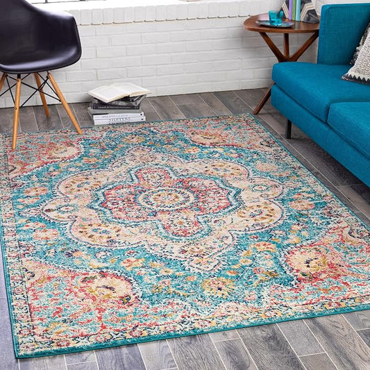 Livabliss Area Rugs - 2x3 Romaine Vintage Boho Navy Sky Blue Rose Area Rug for Living Room Bedroom - Floral Medallion Stain Resistant Carpet for Kitchen, Nursery, Office (2' x 3')