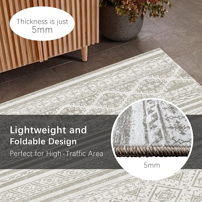 Washable Area Rugs 3' x 5 ' - 1/6 Thick - Moroccan-Inspired -Stain & Water Resistant Non-Slip - Resistant Rug for Living Room, Bedroom, Nursery, Pet & Child Friendly (Grey)