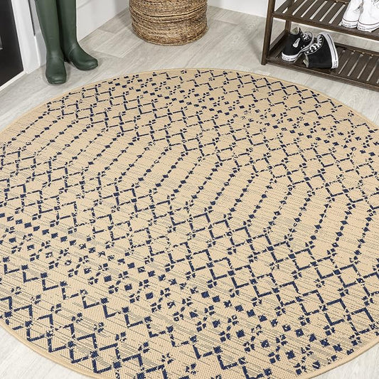 JONATHAN Y Moroccan Geometric Indoor Outdoor Round Area Rug 9 Ft Beige/Navy, Ourika Textured Weave for Backyard, Patio, Porch, Easy-Cleaning, High Traffic, Pet-Friendly, Non-Shedding (SMB108H-9R)