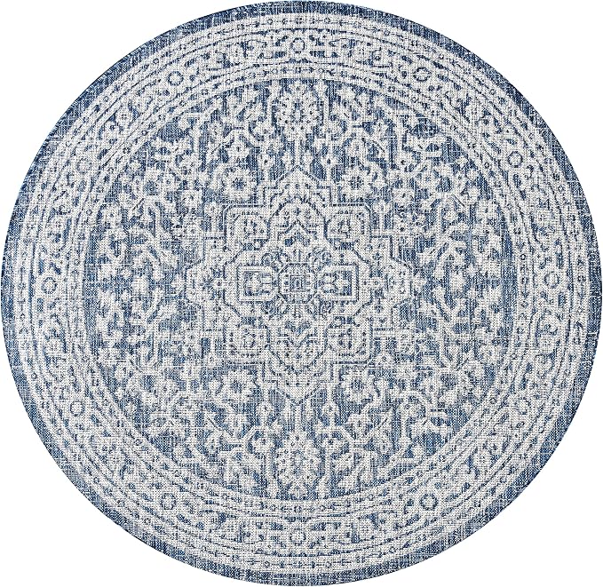 JONATHAN Y Medallion Weave Indoor Outdoor Round Area Rug 6 Ft Navy/Gray, Sinjuri Textured for Backyard, Patio, Porch, Easy-Cleaning, High Traffic, Pet-Friendly, Non-Shedding (SMB101B-6R)