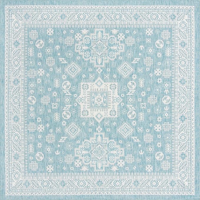 Unique Loom Outdoor Aztec Collection Area Rug - Chalca (10' Square, Aqua/ Ivory)