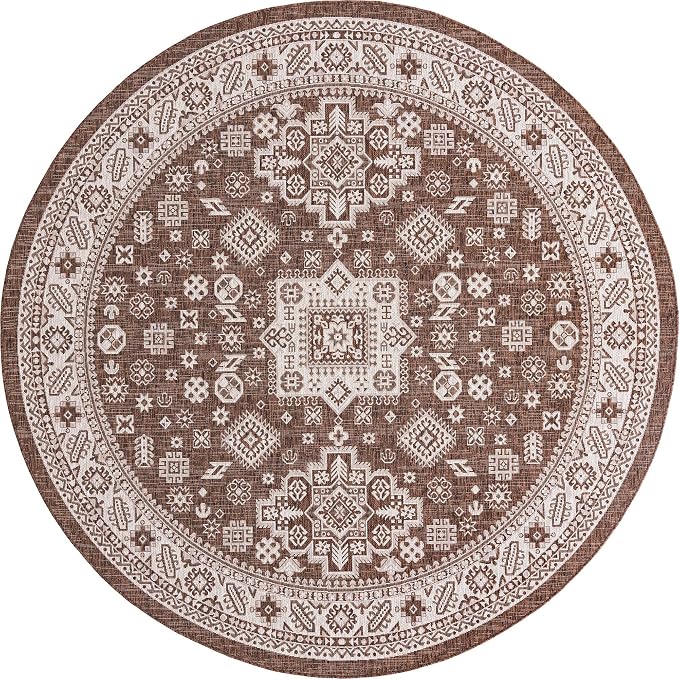 Unique Loom Outdoor Aztec Collection Area Rug - Chalca (10' Round Brown/Ivory)
