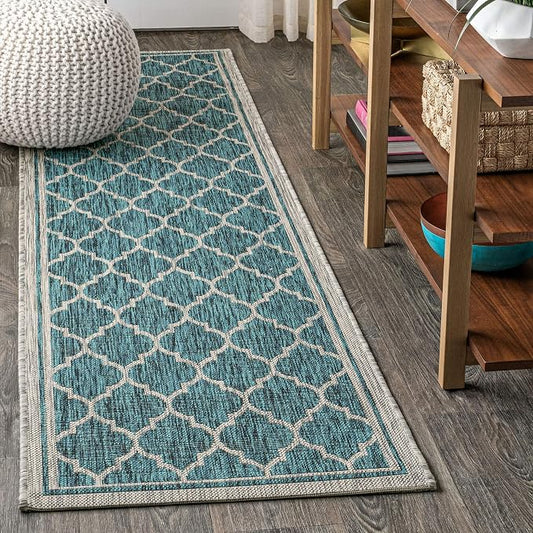 JONATHAN Y Moroccan Trellis Indoor Outdoor Runner Rug 2X8 Teal/Gray, Trebol Textured Weave for Backyard, Patio, Porch, Easy-Cleaning, High Traffic, Pet-Friendly, Non-Shedding (SMB109E-28)