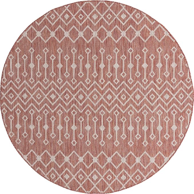 Unique Loom Outdoor Trellis Collection Area Rug - Tribal Trellis (7' 10" Round, Rust Red/ Ivory)
