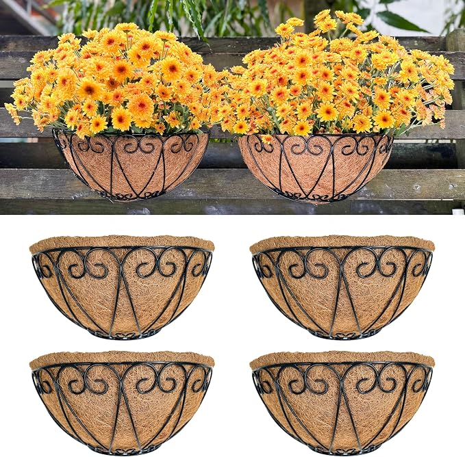 LaLaGreen Outdoor Wall Planters (4 Pack, 12 Inch) Black Metal Wall Mounted Hanging Basket with Coco Liner, Flower Pot Plant Holder Semi-Circle Planter for Fence Railing Deck Porch Balcony Garden Decor