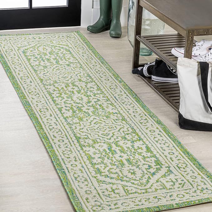 JONATHAN Y Medallion Weave Indoor Outdoor Runner Rug 2X10 Cream/Green, Sinjuri Textured for Backyard, Patio, Porch, Easy-Cleaning, High Traffic, Pet-Friendly, Non-Shedding (SMB101H-210)