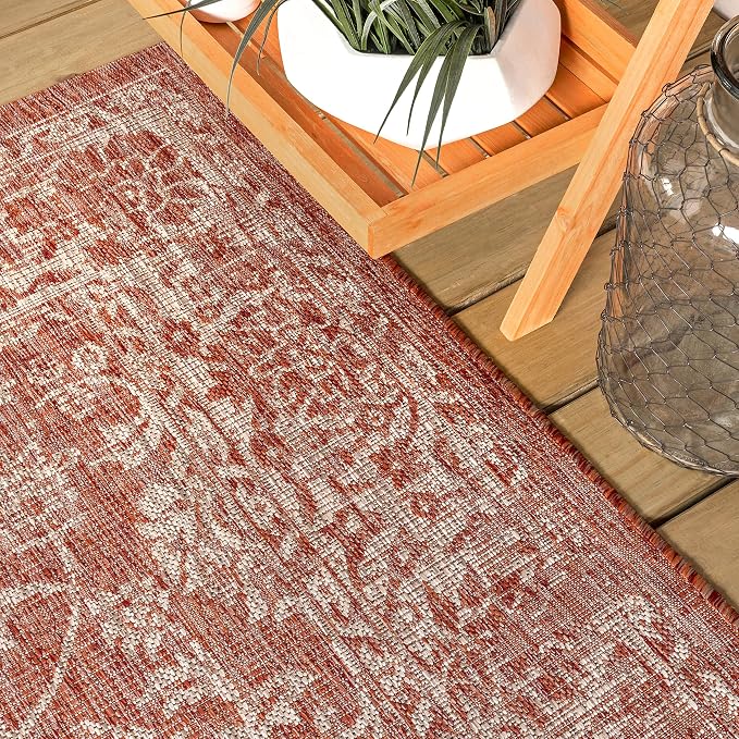 JONATHAN Y Weave Floral Indoor Outdoor Square Area Rug 3X3 Red/Taupe, Tela Bohemian Textured for Backyard, Patio, Porch, Easy-Cleaning, High Traffic, Pet-Friendly, Non-Shedding (SMB100A-3SQ)