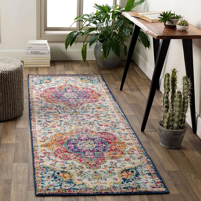 Livabliss Area Rugs - 3x7 Romaine Vintage Boho Fuchsia Mustard Blue Runner Area Rug for Living Room Bedroom - Floral Medallion Stain Resistant Carpet for Kitchen, Nursery, Office (2'7" x 7'6", Runner)