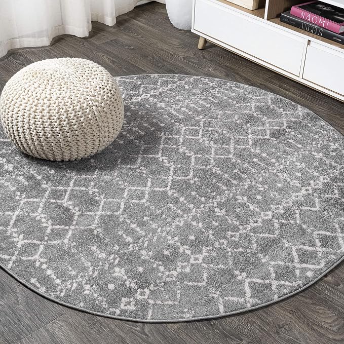 JONATHAN Y Boho Vintage Diamond Gray/Ivory Round Area Rug 5 ft, Moroccan Hype for Living Room, Bedroom, Kitchen, Office, Easy-Cleaning, High Traffic, Pet-Friendly, Non-Shedding (MOH101C-5R)