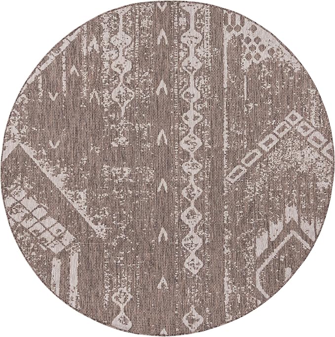Unique Loom Outdoor Bohemian Collection Area Rug - Anthro (7' 10" Round, Brown/ Ivory)