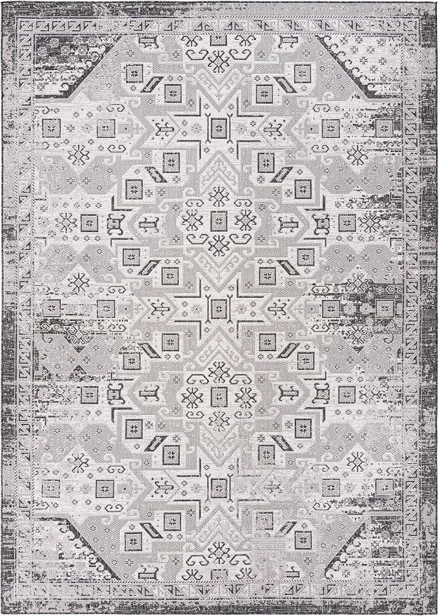 Unique Loom Outdoor Aztec Collection Area Rug - Coba (10' x 14' 1" Rectangle, Charcoal Gray/ Ivory)
