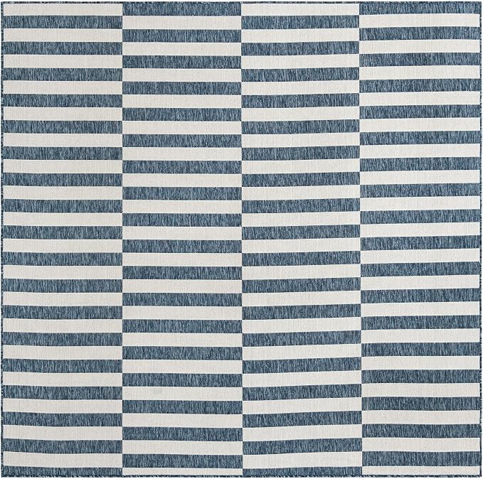 Unique Loom Outdoor Striped Collection Area Rug - Striped (7' 10" Square Blue/Ivory)