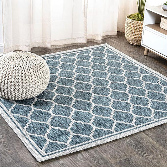 JONATHAN Y Moroccan Trellis Indoor Outdoor Square Area Rug 5X5 Teal/Gray, Trebol Textured Weave for Backyard, Patio, Porch, Easy-Cleaning, High Traffic, Pet-Friendly, Non-Shedding (SMB109E-5SQ)