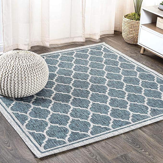 JONATHAN Y Moroccan Trellis Indoor Outdoor Square Area Rug 8X8 Teal/Gray, Trebol Textured Weave for Backyard, Patio, Porch, Easy-Cleaning, High Traffic, Pet-Friendly, Non-Shedding (SMB109E-8SQ)