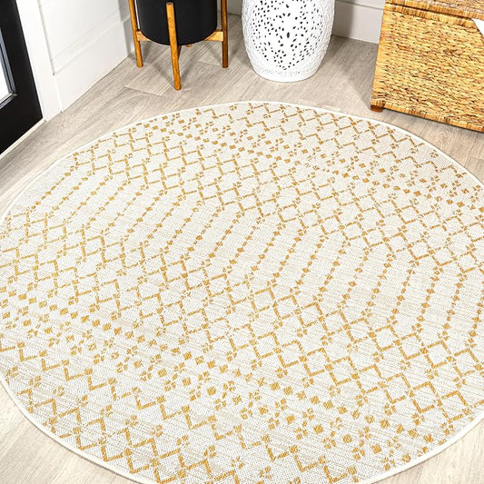 JONATHAN Y Moroccan Geometric Indoor Outdoor Round Area Rug 5 Ft Cream/Yellow, Ourika Textured Weave for Backyard, Patio, Porch, Easy-Cleaning, High Traffic, Pet-Friendly, Non-Shedding (SMB108J-5R)