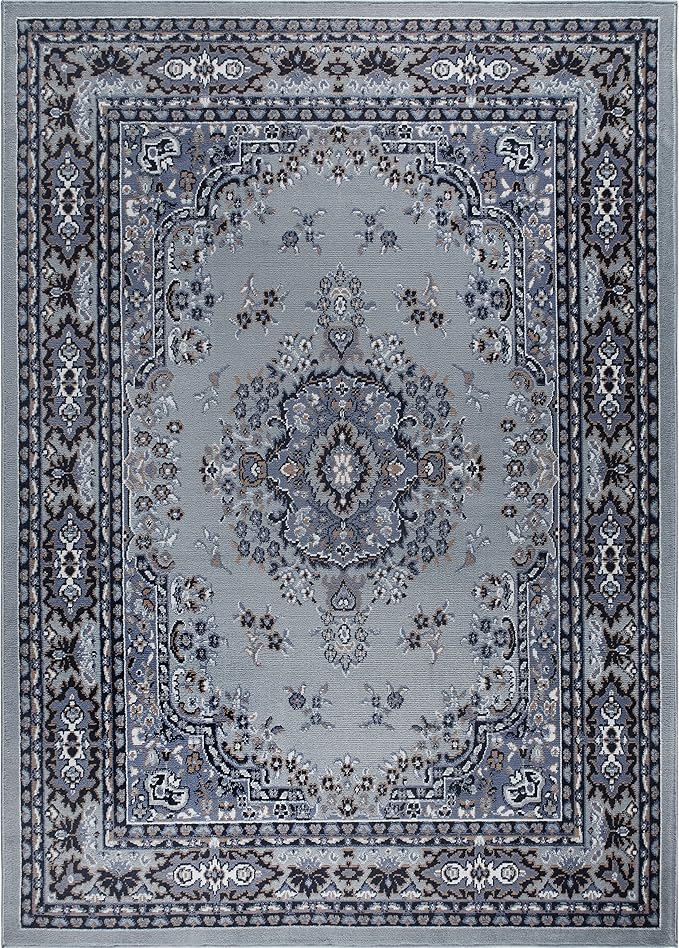 Home Dynamix Premium Sakarya Traditional Medallion Border Area Rug, Silver, 5'2"x7'4" Rectangle