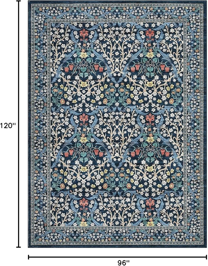GarveeHome Blue Floral 8x10 Washable Area Rug Living Room Bedroom | Vintage Stain Resistant Rugs for Large Room Low-Pile Non-Slip Carpet Soft Stain Resistant Botanical Boho Rug TPE Backing