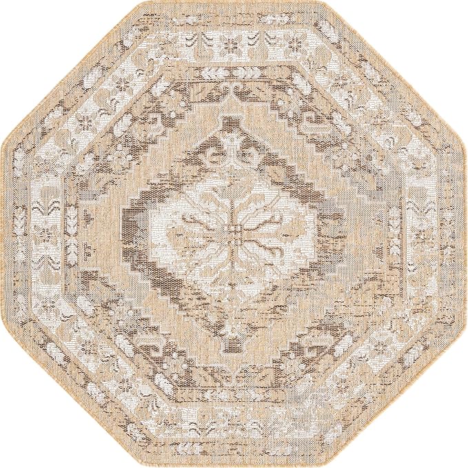 Unique Loom Outdoor Traditional Collection Area Rug - Valeria (5' 3" Octagon, Natural/ Ivory)