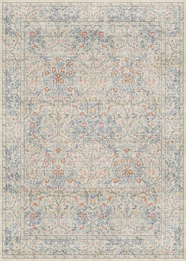 Vintage Washable Beige Blue 10x14 Rug for Living Room - Extra Large Area Rug for Dining Room Under Table, Bedroom - Botanical Floral Design with Purple Red Accent, Non-Slip Lightweight Soft Low Pile