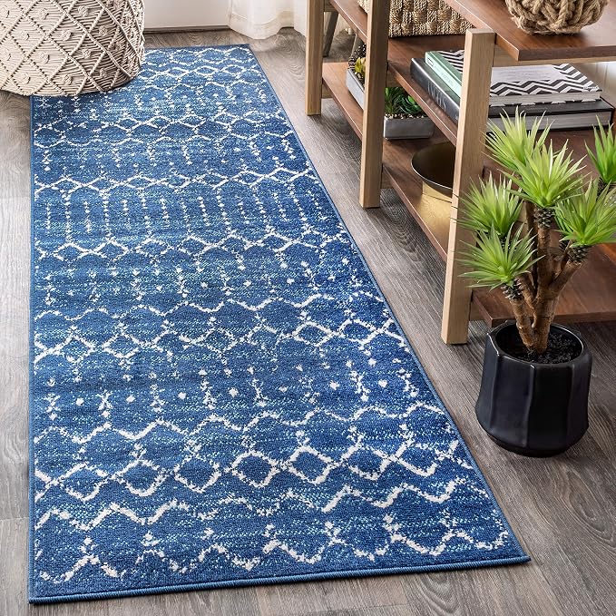 JONATHAN Y Boho Vintage Diamond Blue/White Runner Rug 2X10 ft, Moroccan Hype for Living Room, Bedroom, Kitchen, Office, Easy-Cleaning, High Traffic, Pet-Friendly, Non-Shedding (MOH101A-210)