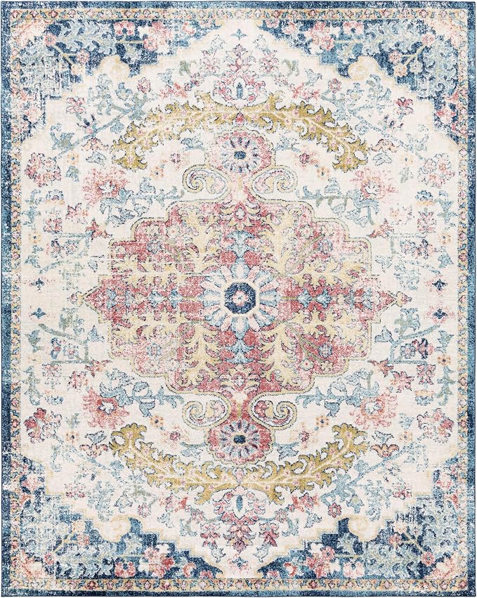 Livabliss Area Rugs - 9x12 Odelia Vintage Boho Aqua Burgandy Blue Area Rug for Living Room Bedroom - Floral Medallion Stain Resistant Carpet for Kitchen, Nursery, Office (8'10" x 12')