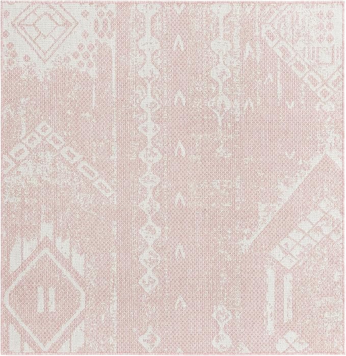 Unique Loom Outdoor Bohemian Collection Area Rug - Anthro (5' 3" Square, Pink/ Ivory)