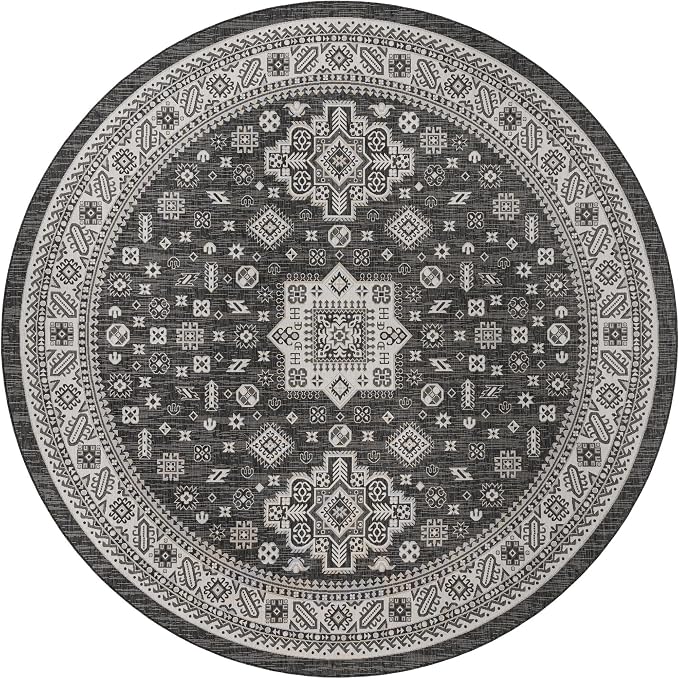 Unique Loom Outdoor Aztec Collection Area Rug - Chalca (13' Round, Charcoal Gray/ Ivory)