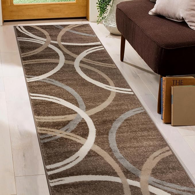 Rugshop Wavy Circles Modern Jute Backing Runner Rug Brown 2' x 7'2" | Runner, Size 2' x 7'2", Living Room, Bedroom, Dining Room, Home Office, Kitchen, Entryway, Hallway, Nursery, Kids Room