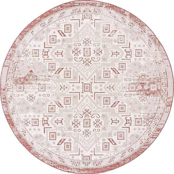 Unique Loom Outdoor Aztec Collection Area Rug - Coba (10' Round, Rust Red/ Ivory)