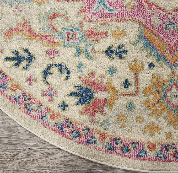 Nourison Home Passion Ivory Pink 4' x Round Area Rug - Easy Clean, Non Shedding, Bed Room, Living Room, Dining Room, Kitchen (4' x Round)