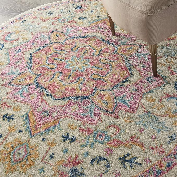 Nourison Home Passion Ivory Pink 5' x Round Area Rug - Easy Clean, Non Shedding, Bed Room, Living Room, Dining Room, Kitchen (5' x Round)