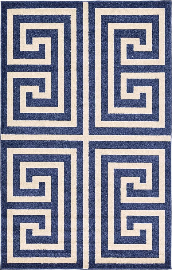 Unique Loom Athens Collection Classic Geometric Modern Border Design Area Rug (5' 0 x 8' 0 Rectangular, Navy Blue/ Beige)