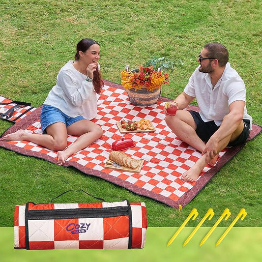 Cozy Club Waterproof Picnic Blanket – Foldable Outdoor Mat 60x70 with Stakes, Pocket & Shoulder Strap | Sandproof Beach Blanket for Festivals, Camping & Travel | Self-Packing | Terracotta | US Brand