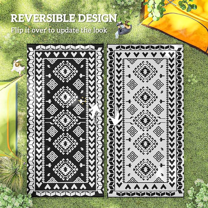 Outsunny Outdoor Rug for Patio, 9' x 18' Waterproof Large Mat, Reversible Plastic Straw Rug for Decor, Portable Outside RV Camping Area Carpet Mat for Backyard Porch Deck Picnic, Black & White Rhombus