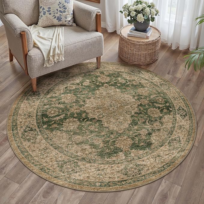 HUGEAR Round Rug 5ft Entryway Rugs Machine Washable Retro Green Hallway Area Rug 5x5 Small Circle Accent Rug Floral Low Pile Carpet Soft Throw Rug Living Room Office Laundry Room Entrance Non Slip