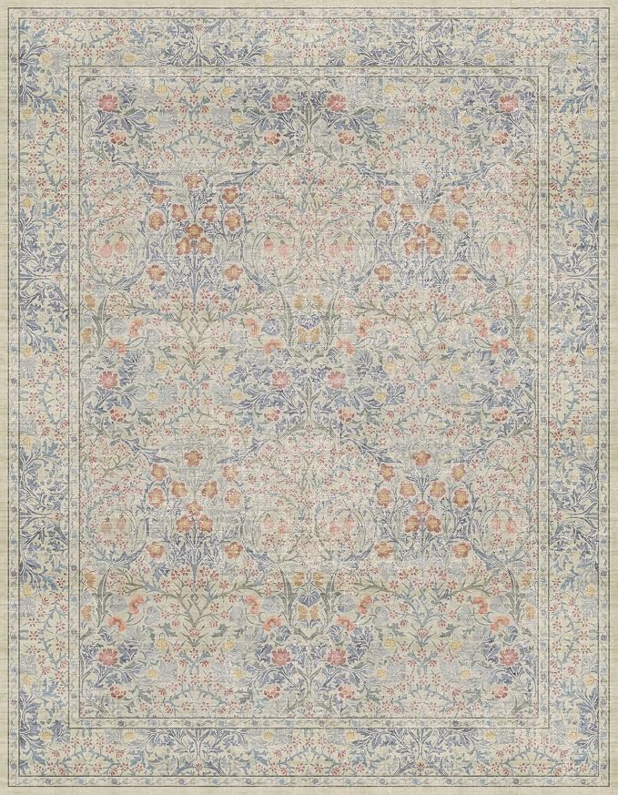 Washable Dining Room Rugs, 7x9 Area Rug for Living Room, Bedroom, Kids Playroom, Low Pile Non-Slip Lightweight & Stain Resistance - Light Beige Blue Oriental Vintage Design