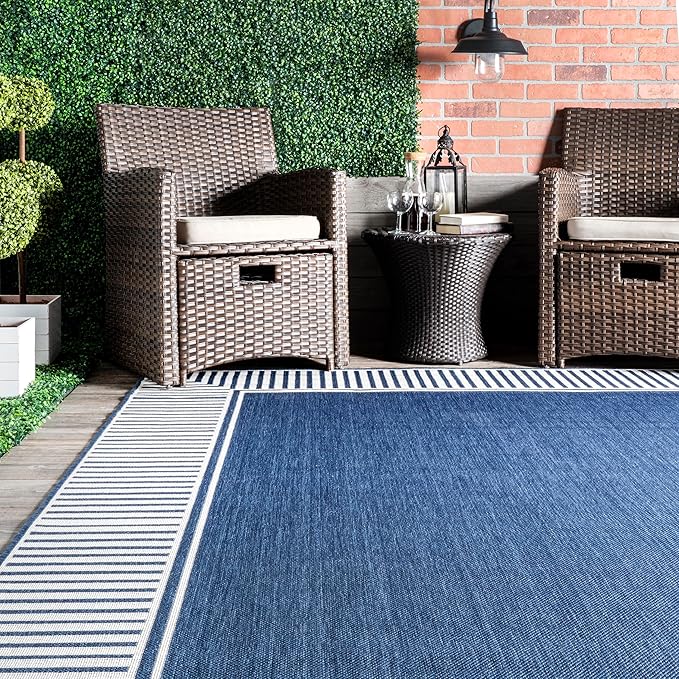 Nuloom Asha Navy/Ivory, 8' x 10', Casual, Striped Border, Soft and Cozy, High Traffic, Easy Clean, Durable Area Rug for Indoor/Outdoor Patio, Deck, Porch, Garden, Courtyard