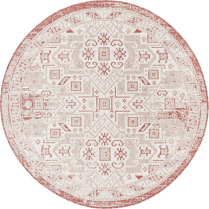 Unique Loom Outdoor Aztec Collection Area Rug - Coba (5' 3" Round, Rust Red/ Ivory)