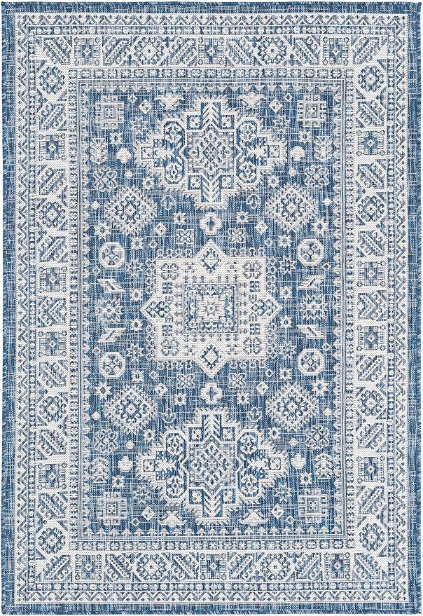 Unique Loom Outdoor Aztec Collection Area Rug - Chalca (4' 1" x 6' 1" Rectangle, Blue/ Ivory)