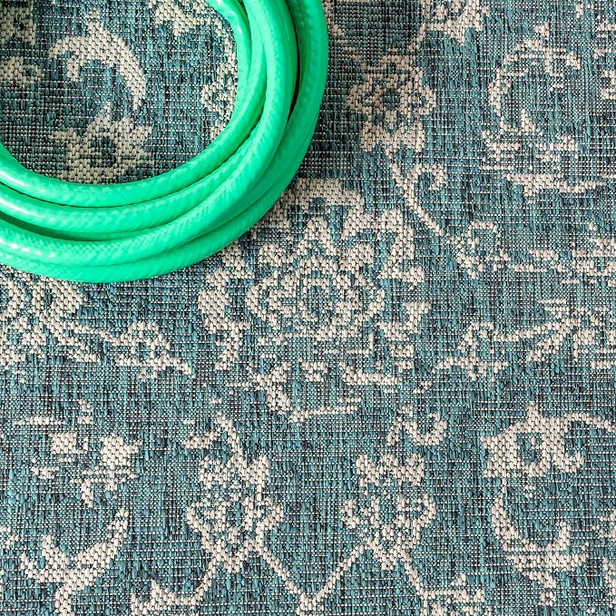 JONATHAN Y Weave Floral Indoor Outdoor Round Area Rug 9 Ft Teal/Gray, Tela Bohemian Textured for Backyard, Patio, Porch, Easy-Cleaning, High Traffic, Pet-Friendly, Non-Shedding (SMB100C-9R)