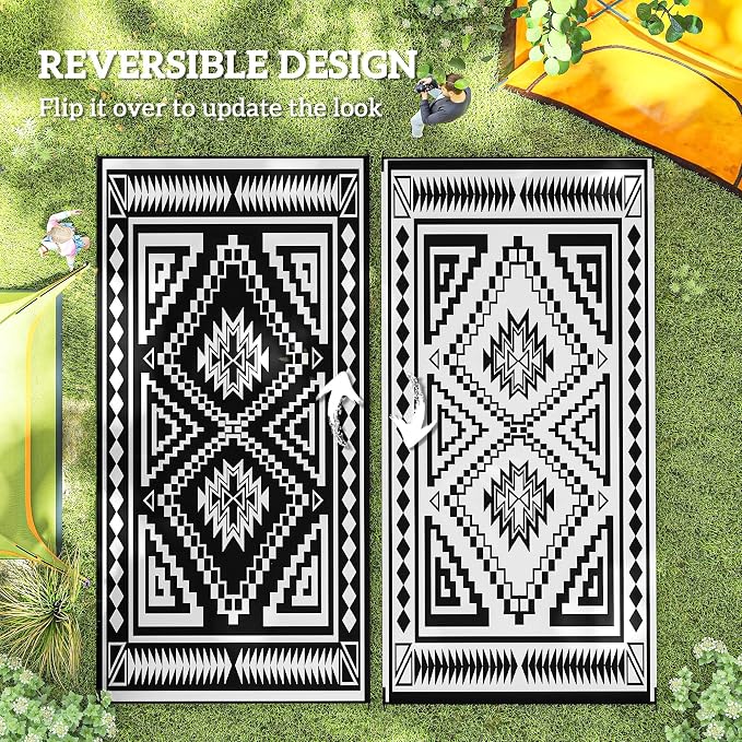 Outsunny Outdoor Rug for Patio, 9' x 18' Waterproof Large Mat, Reversible Plastic Straw Rug for Decor, Portable Outside RV Camping Area Carpet Mat for Backyard Porch Deck Picnic, Black & Gray Square