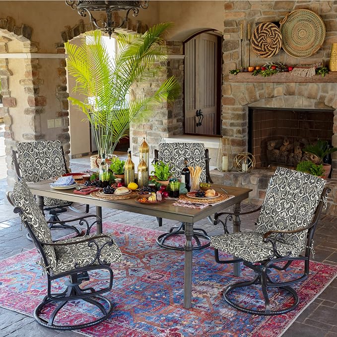 Arden 4-Pack Outdoor Patio Dining Chair Cushion, 20 x 44, Rain-Proof Seat Pad, Fade-Resistant Outdoor Cushion Black Aurora Damask