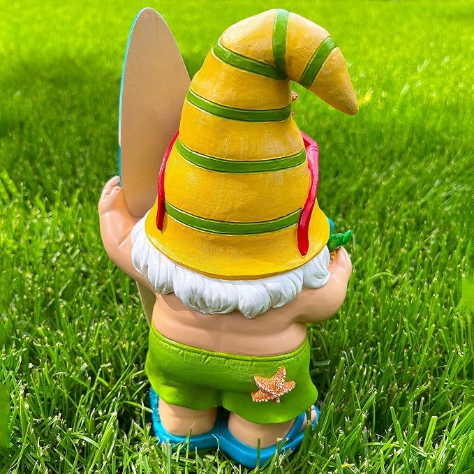Mood Lab Garden Gnome - Surfer Gnome Figurine - 9.1 Inch Tall Funny Lawn Statue - for Outdoor & House Decor