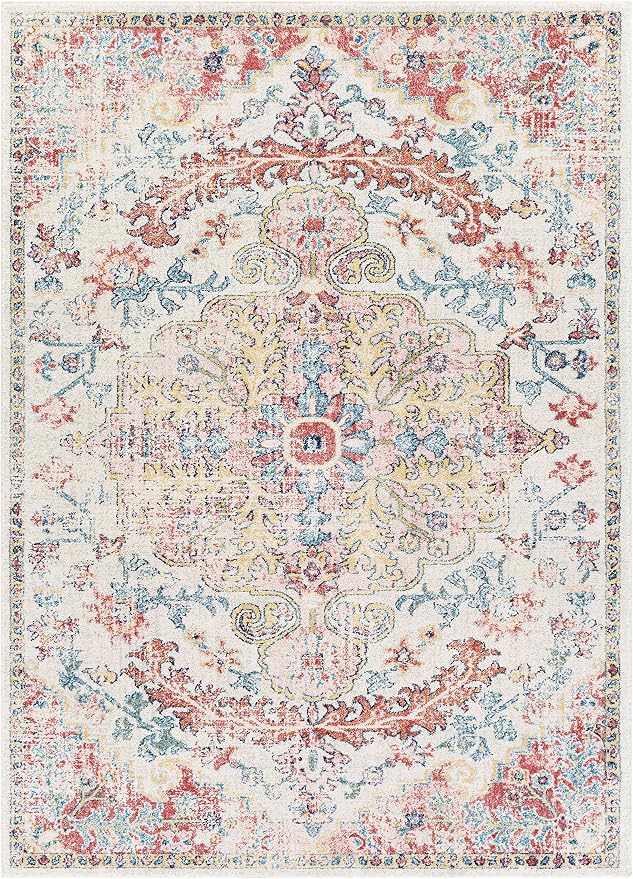 Livabliss Area Rugs - 7x9 Odelia Vintage Boho Red Off-White Blue Area Rug for Living Room Bedroom - Floral Medallion Stain Resistant Carpet for Kitchen, Nursery, Office (6'7" x 9')